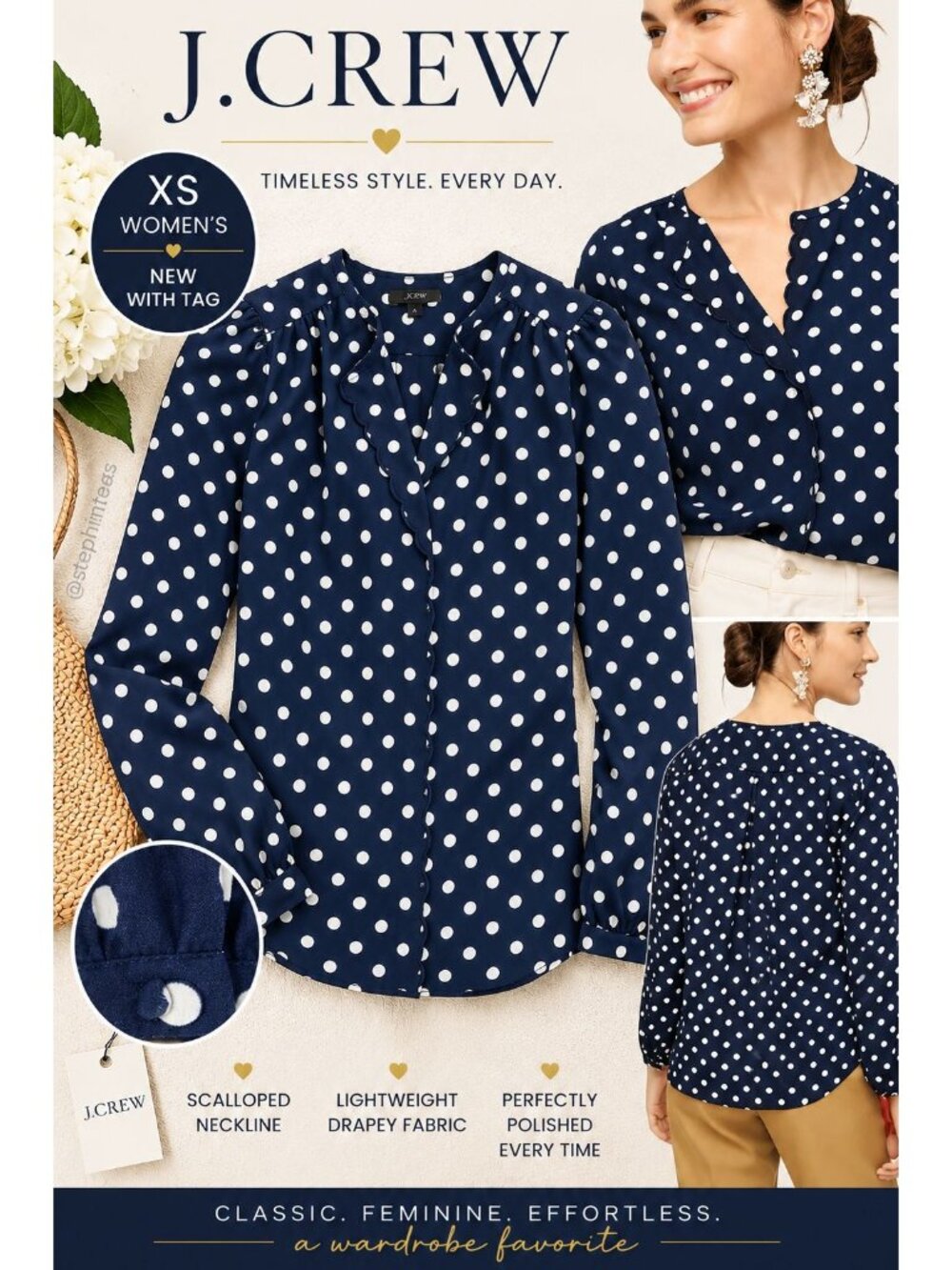J Crew Polka Dot Blouse Navy White Scalloped Neck Long Sleeve Womens XS NWT